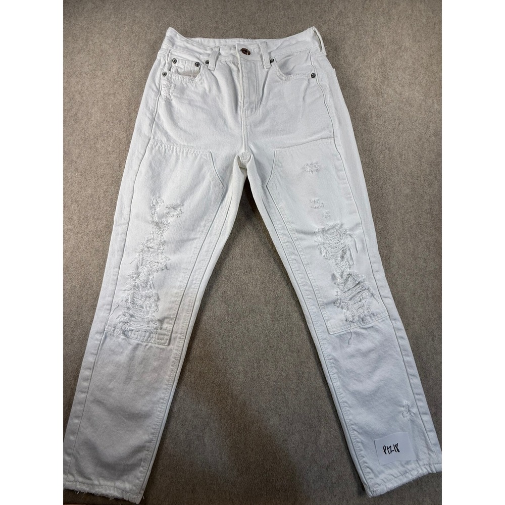 American Eagle White Distressed Double Knee Straight Leg Jeans Womens 4 Short